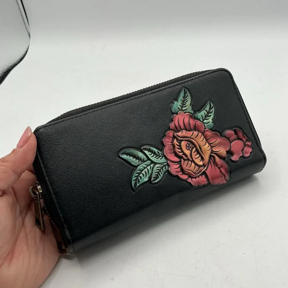 Anuschka Double Zip Faux Leather Floral Organizer Wallet Clutch Black Painted